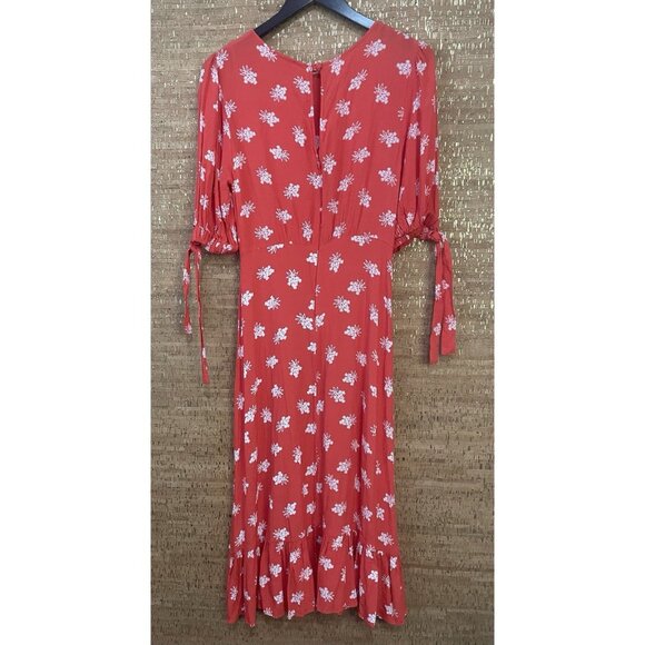 Ghost London Women's Red Orange Printed Crew-Neck Ruffle Crepe Midi Dress Size S - Picture 4 of 10